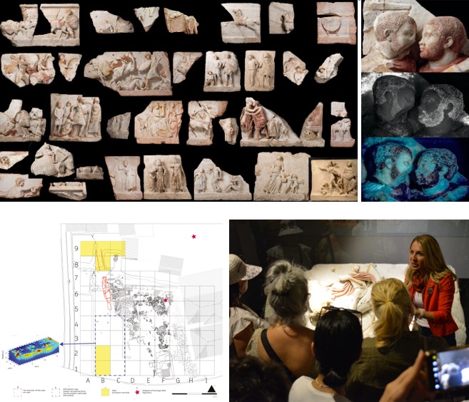 collection of images top left - sherds, top right, two heads with different lighting, bottom left, map of the site, bottom right, woman teaching a group