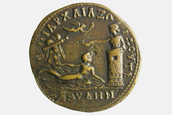 Coin minted at Abydus (north-west Turkey) in AD 177-180, depicting the myth of Hero & Leander.