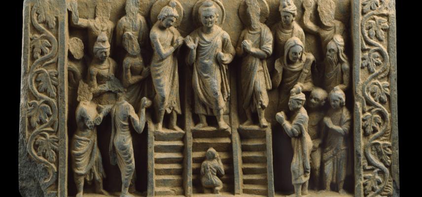 EA2000.35 Relief depicting the Buddha’s descent from the Heaven of the Thirty-three gods, 3rd century AD. Image © Ashmolean Museum, University of Oxford.
