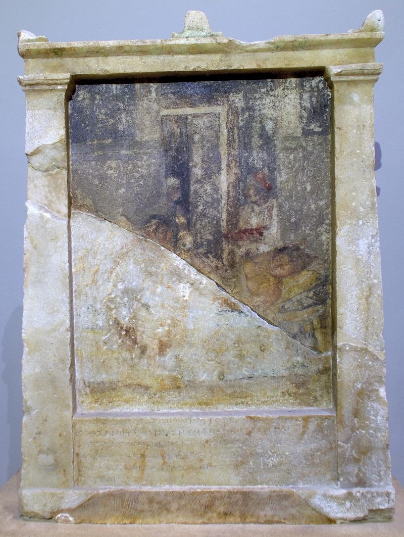 Square shaped stele with a painted scene