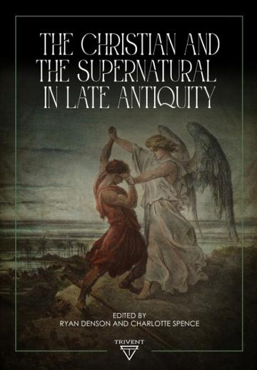 Front cover detailing title, authors and illustrated by a winged angel wresting a man/demon in a classical robe, on a rocky outcrop by the sea