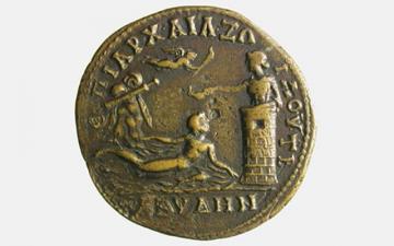 Coin minted at Abydus (north-west Turkey) in AD 177-180, depicting the myth of Hero & Leander.