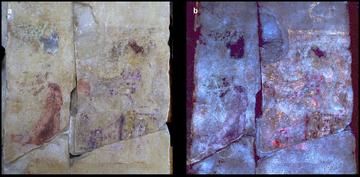 Tech imaging 3a and 3b two painted stele next to eachother one in colour and one in ultraviolet